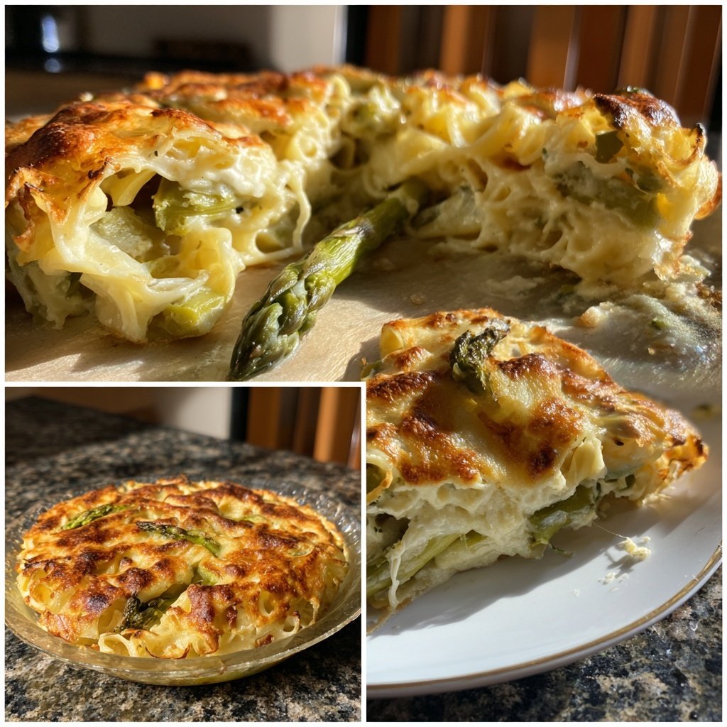 Vegetarischer Nudelauflauf mit grünem Spargel